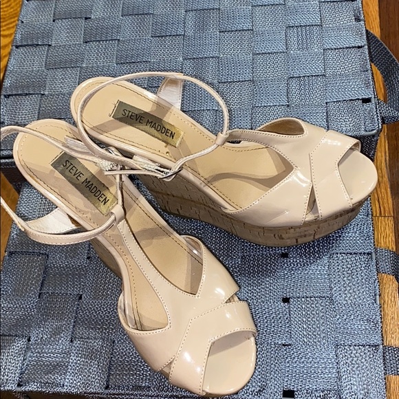 Nude Patent Strappy Cork Wedges - Picture 4 of 6